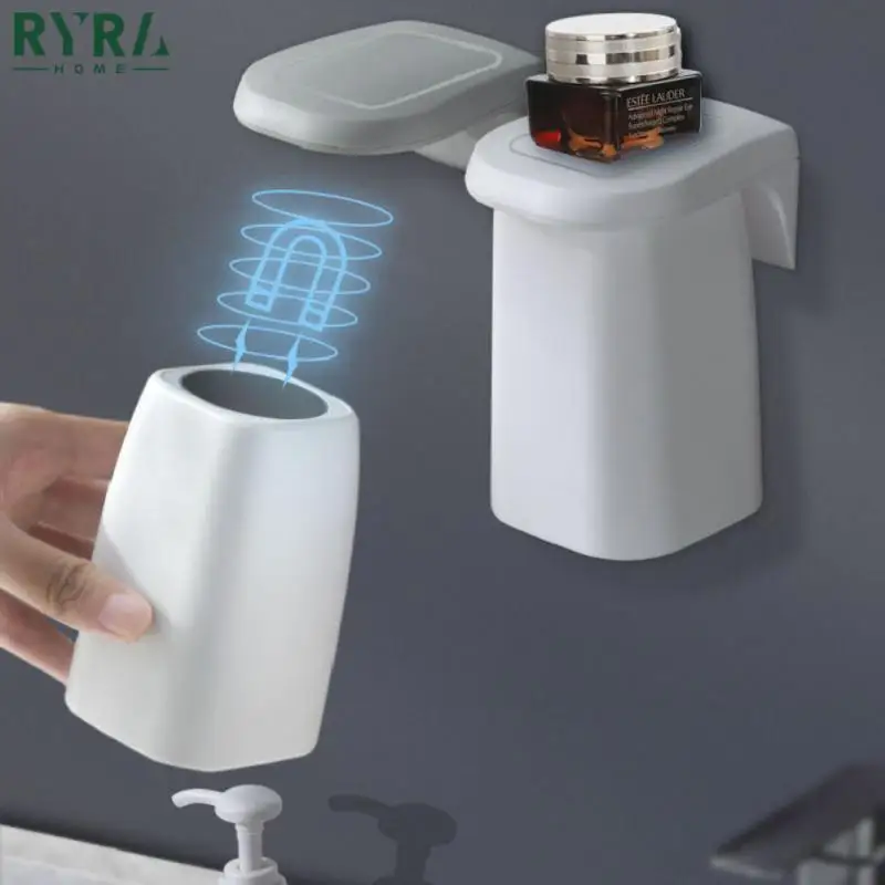 

Wall-mounted Magnetic Suction Mouthwash Cup Set Punch-Free Mugs Storage Shelf Inverted Toothbrush Holder Bathroom Accessories