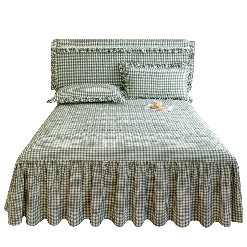 Bed Skirt One-Piece Cotton Pure Yarn-dyed Washed Apron Bedspread Sheet Four Seasons Universal with Skir...