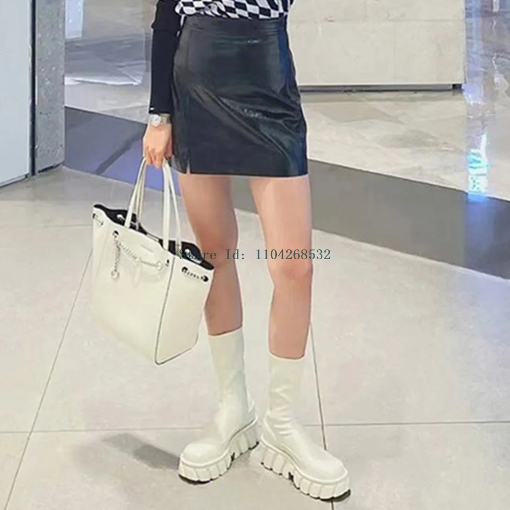 Эластичные ботинки из натуральной кожи на толстом каблуке сексуальные