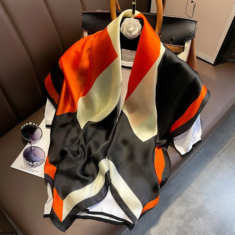 

Silk Satin Scarf Women 2022 Print Muslim Hijab Elegant Neckerchief Shawl Wraps Headband Handle Bag Hair Accessories Bandana