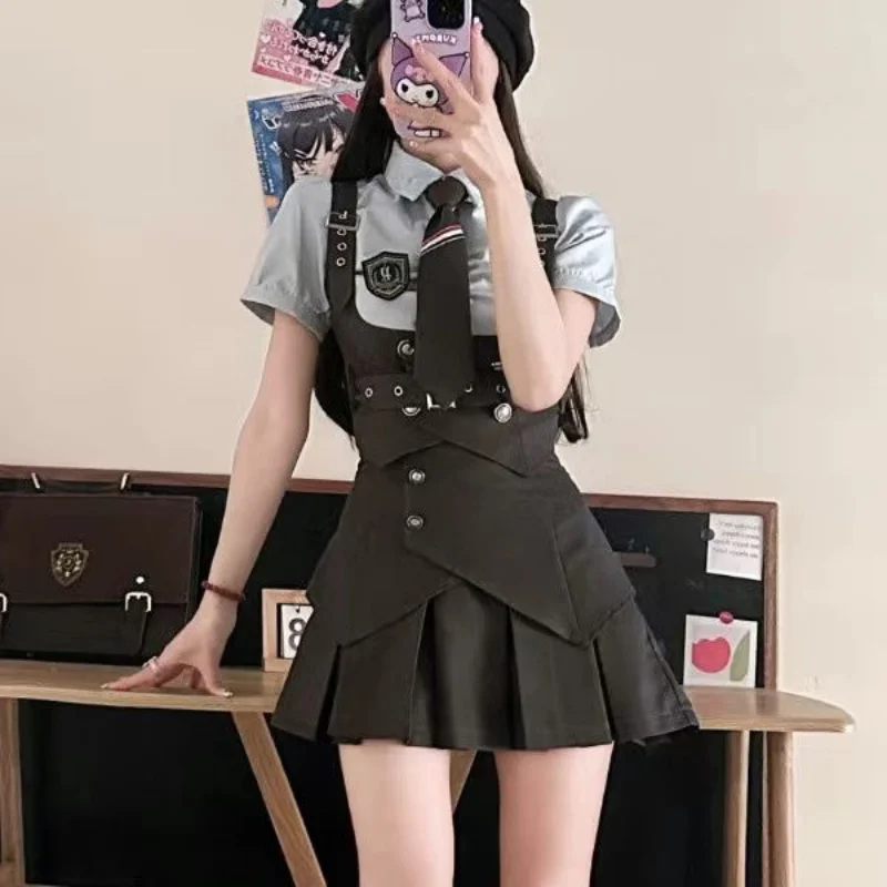 

Preppy style waistcoat design with short sleeved shirt for women's summer waistband pleated short skirt JK uniform set