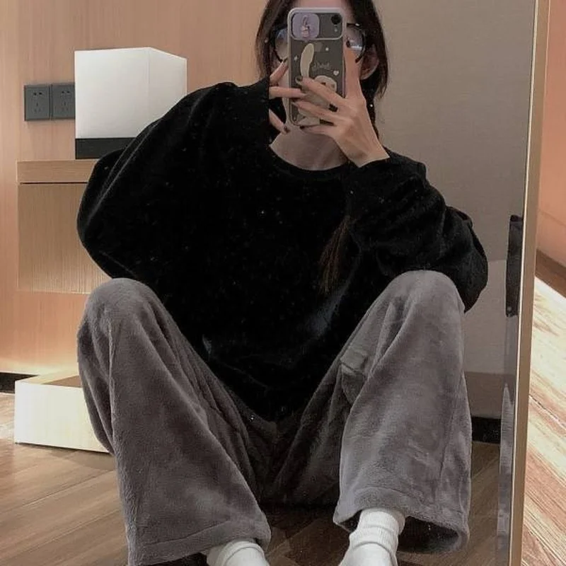 QWEEK Pj Sets for Women Kawaii Pajama Black Solid Color Loungewear Flannel Pijamas Girls Winter Home Wear Sleepwear Pyjamas Cute