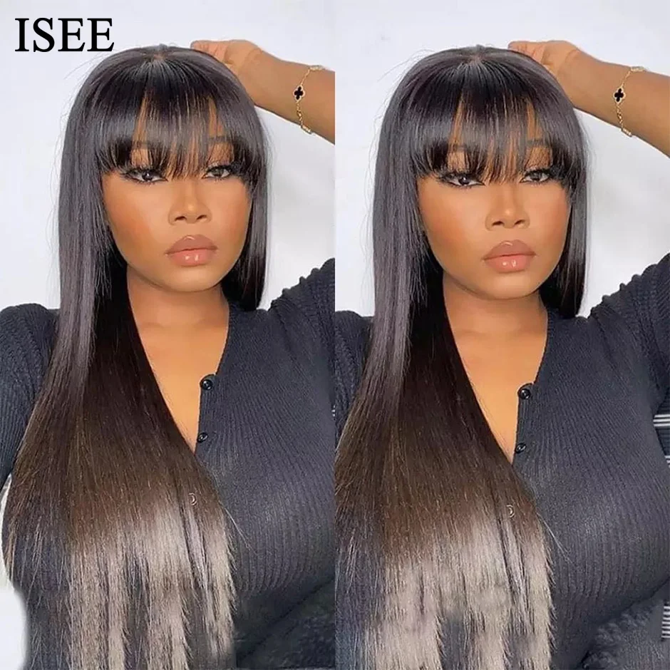 ISEE HAIR Straight Wig With Bangs 180% Brazilian Bone Straight Human Hair Wigs Glueless Full Machine Made Bang Wig For Women enlarge