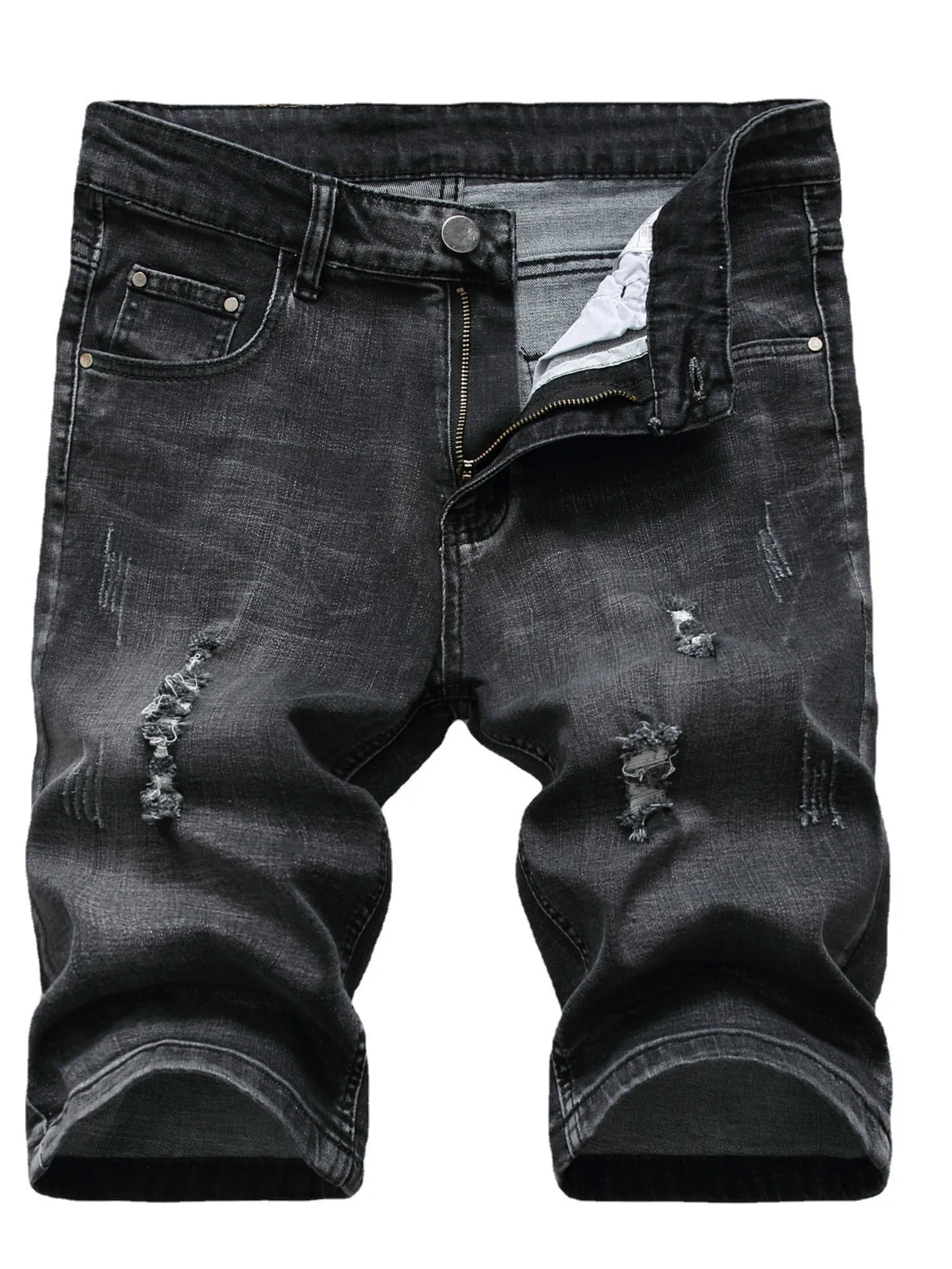 Summer Men Ripped Denim Shorts Men's Tide Trend Fashion Knee Length Pants Spirit Boy Straight Casual Shorts Jeans Black Grey