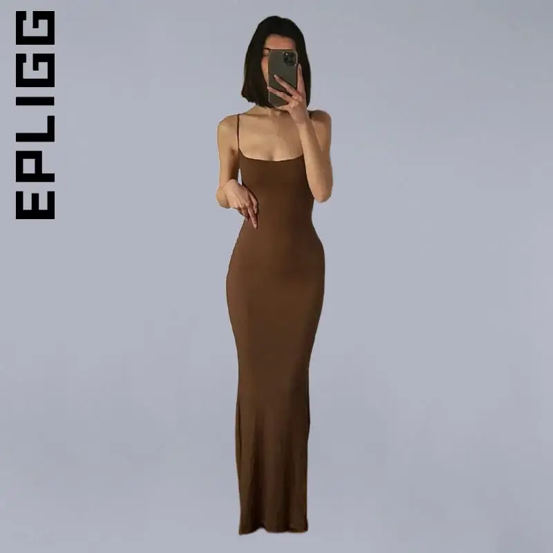 

Epligg Women New Dress Korean Strap Backless Long Maxi Dresses Stylish Soft Sexy Dress Cheap Vintage Clothing Female Vestidos
