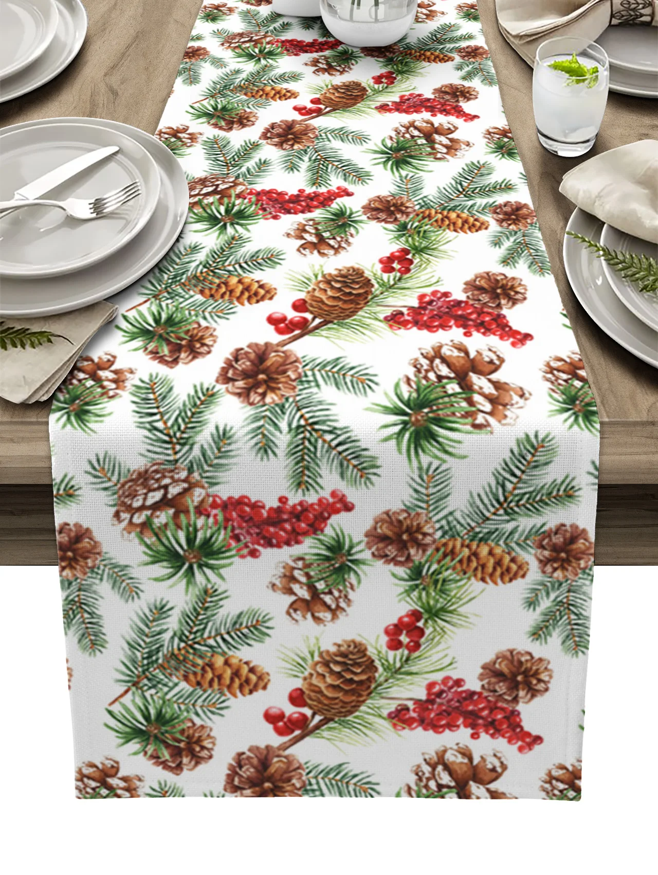 

Christmas Pine Cones Pine Needles Fruit Table Runner Christmas Decoration Tablecloth Wedding Party Decor Table Cover