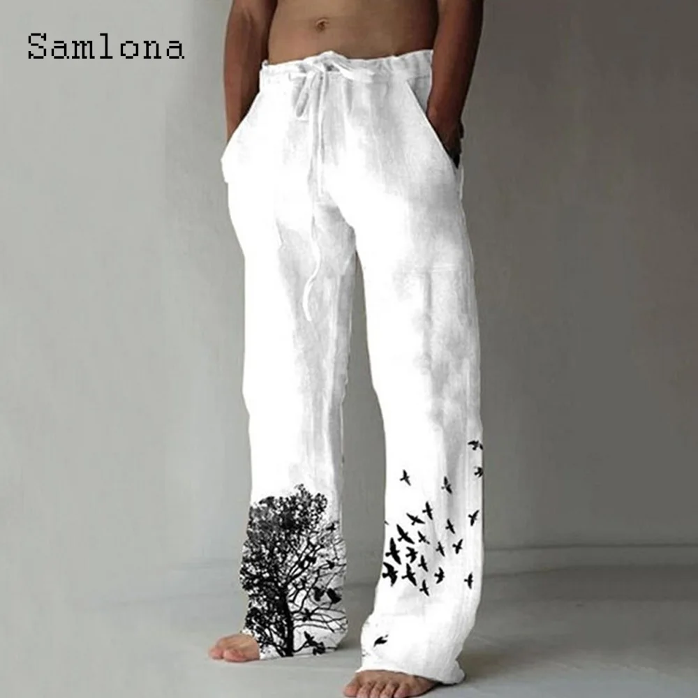 2022 Summer New Men's Pocket Design Linen Pants Casual Drawstring Trouser Plus Size 3xl Mens Fashion Tree Birds Print Sweatpants