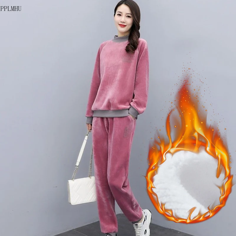 

Half High Collar Plush Lined Tops Outfits Elestic Waist Harem Jogger Pants Suits Thick Warm Conjuntos Winter Loose 2 Pieces Sets