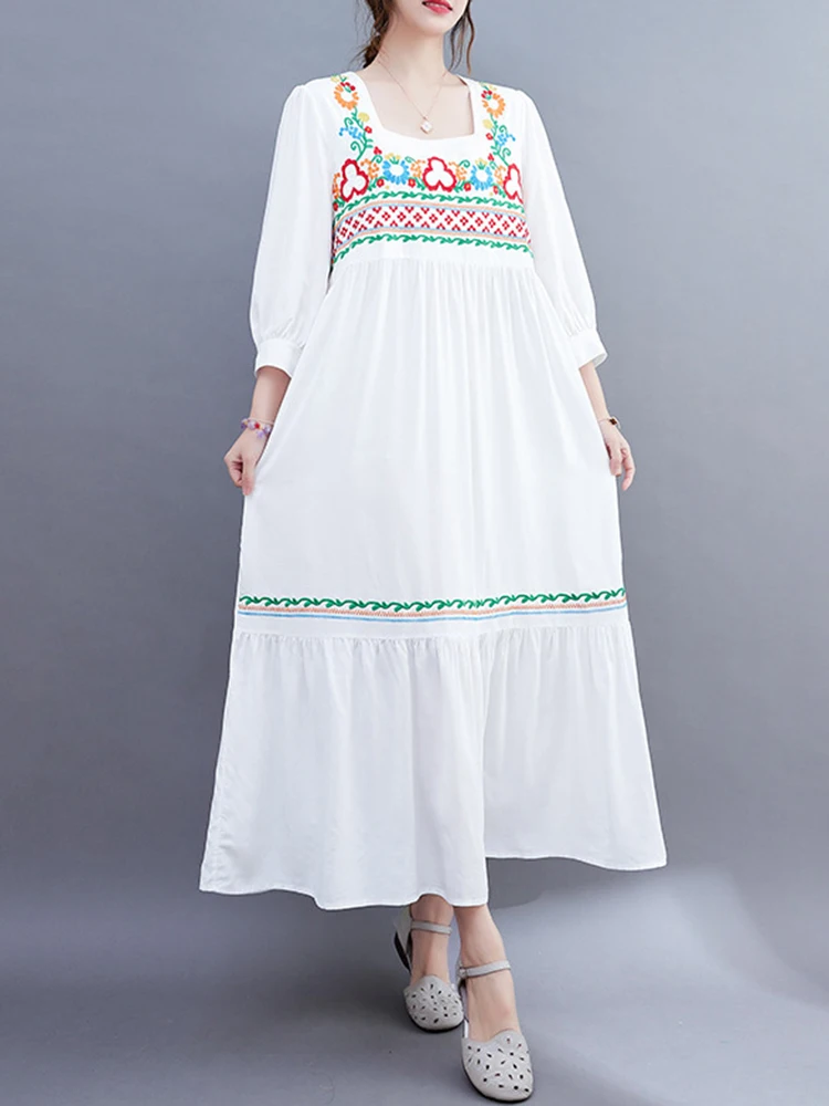 Jastie Ethnic Embroidered Long Dress New Bohemian Square Collar Long Sleeve Loose Holiday Dress Women Fashion Retro Robe Female