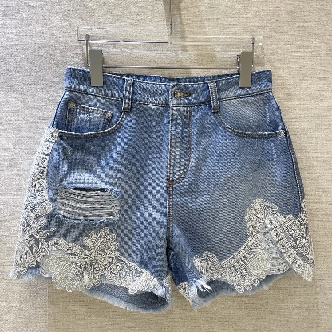 

2022 summer new women's Handmade Lace Trimmed denim shorts
