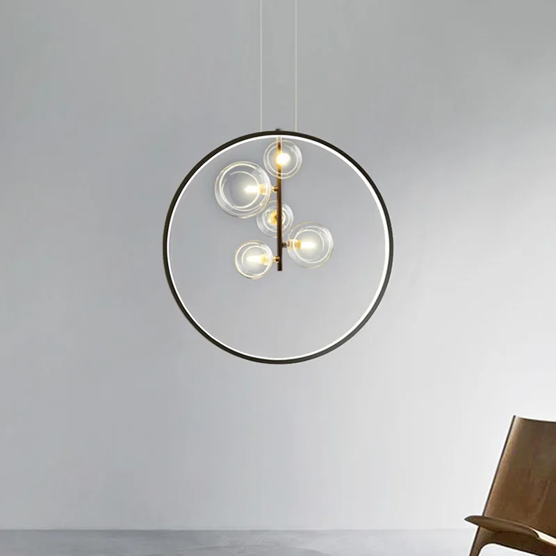 Luxury Modern LED Glass Pendant Chandalier Fixtures Home Living Room Art Decor Restaurant Black Ring Hanging Lamp Lustres