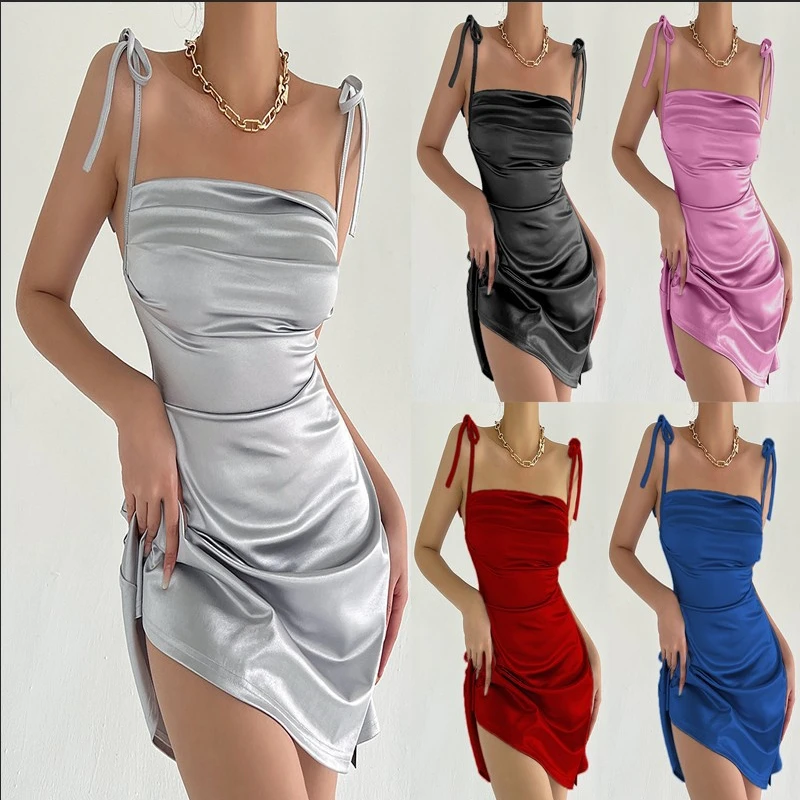 

Ruched Satin Summer Dress Drawstring Spaghetti Straps Cowl Neck Backless Long Dresses for Women Party Sexy Vestidos 2022
