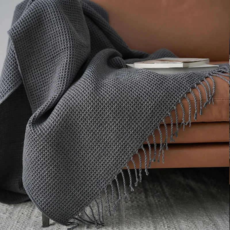 

Throw Blanket Boho Decorative Knit Waffle Textured Woven with Tassel Fringe Cozy Thermal Blanket for Couch Bed Sofa Solid TJ7338