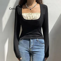 2022 new stitching fake two piece long sleeved t shirt black waist tube top square collar bottoming casual top women