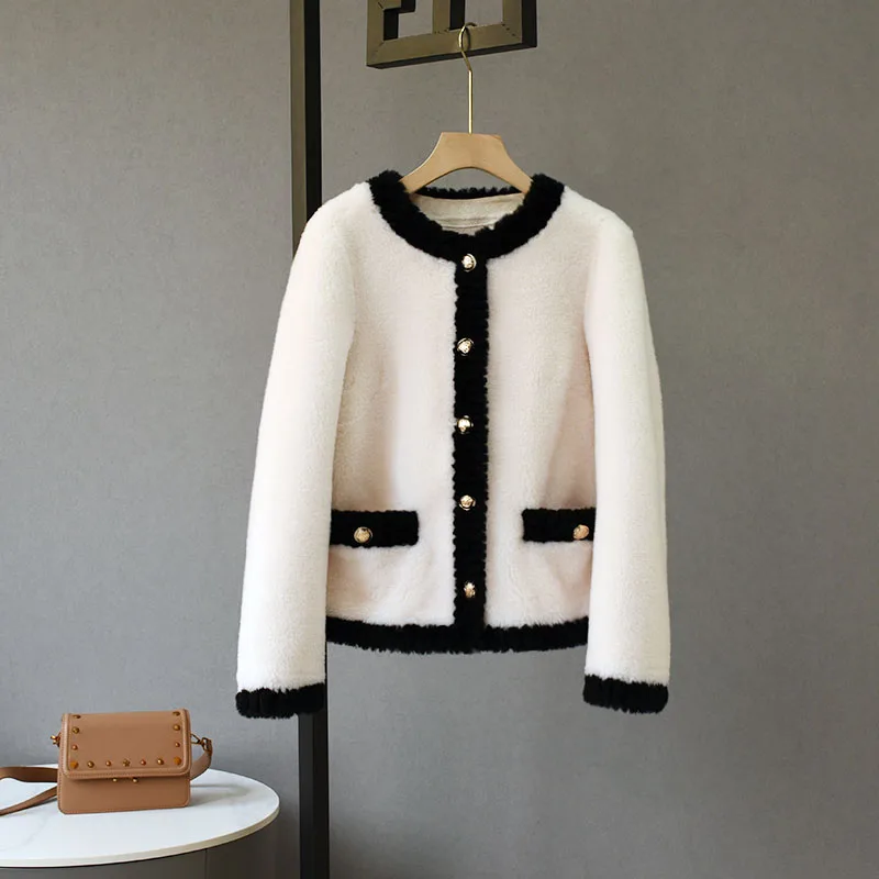 Genuine Lamb Wool Women's Winter Jackets Korean Fashion Warm Natural Wool Coats for Female Elegant Patchwork Jackets Tops C60