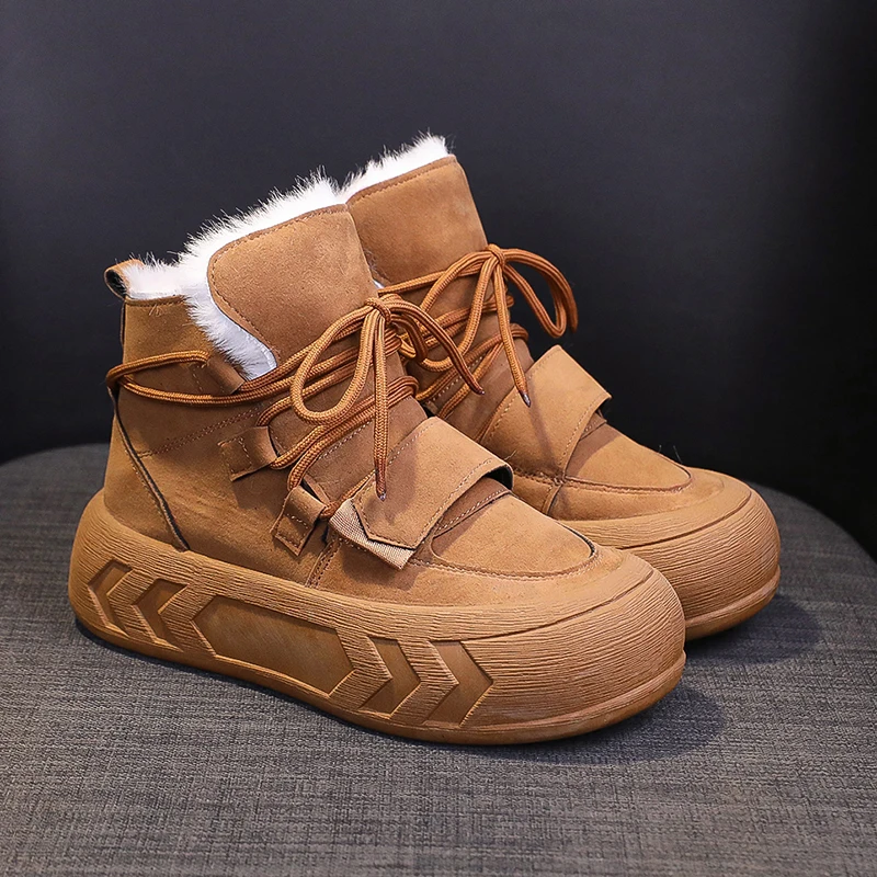 

Fur Women Flats Ankle Boots 2024 Winter Warm Shoes New Designer Short Plush Chelsea Boots Suede Platform Lace-Up Femme Botas