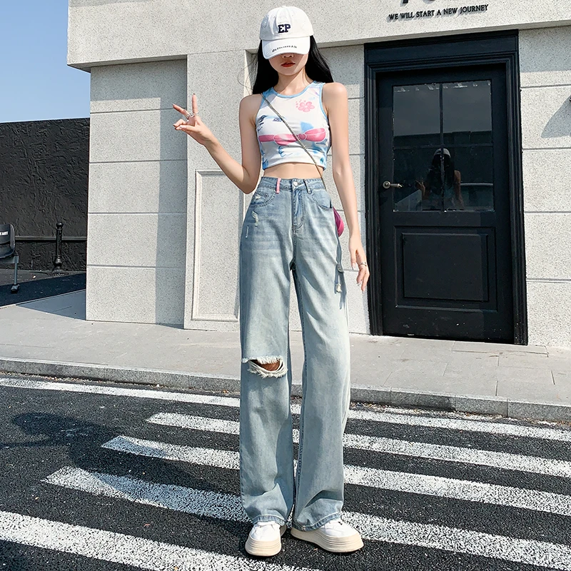 Jeans Women's Blue Commuter Spring/Summer Perforated Thin High Waist Wide Leg Pants New Small Straight Floor Dragging Pants