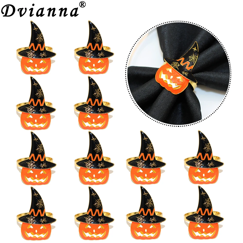 

12Pcs Halloween Napkin Ring Horror Scary Orange Pumpkin Black Witch Hat Napkin Holder Ring for Thanksgiving Holiday Party HWH45