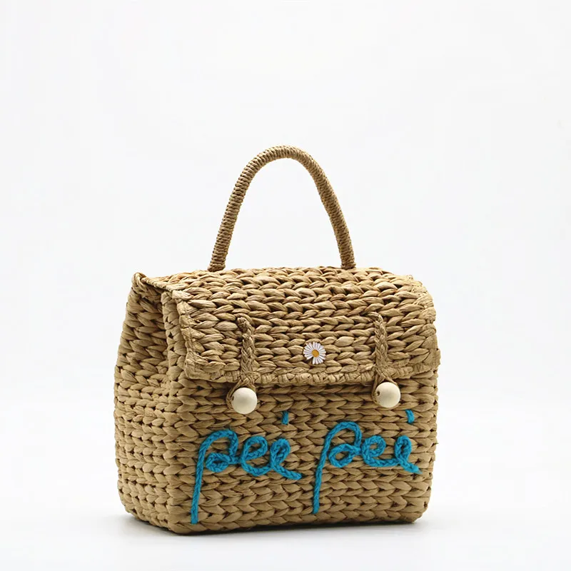 

New Style with Cover Letter Straw Bag Wooden Beads Woven Bag Women's Bag