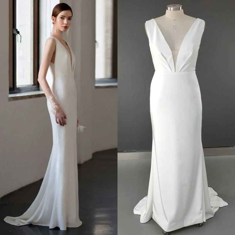 

15319# Simple Sleeveless V-neck Beach Mermaid Satin Wedding Clothes Bridal Gown Plus Size Women Engagement Party Evening Dress