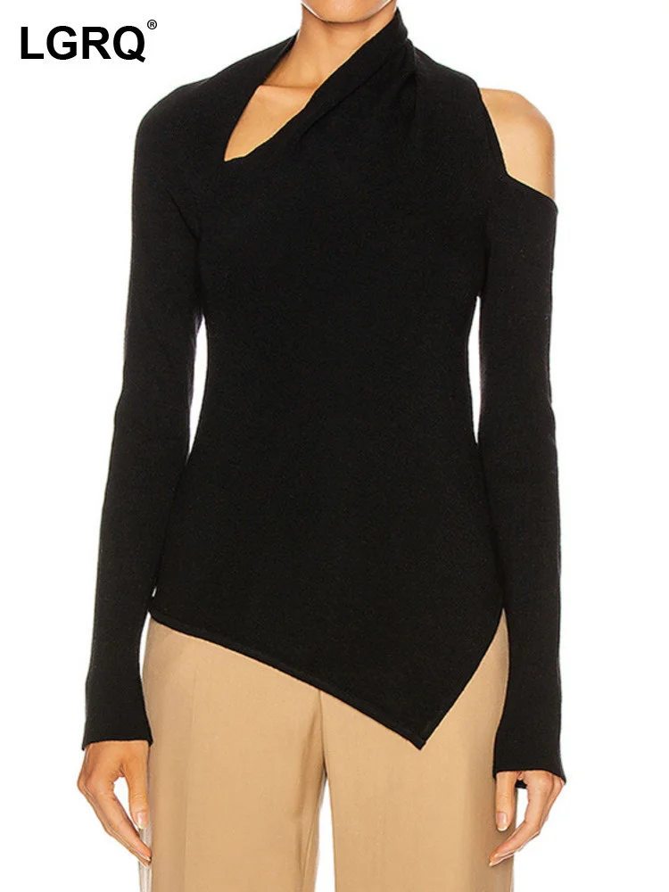 

LGRQ Fashion Women's Tops New Asymmetrical Long Sleeve Hollow Out Irregular Slim Knitting Sweater Female Autumn 2023 19J2248