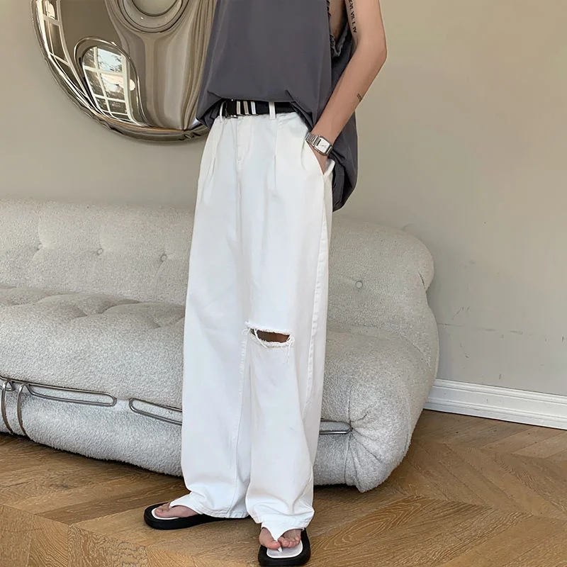 Summer Ripped White Jeans Men Fashion Casual Baggy Wide Leg Jeans Men Streetwear Loose Hip Hop Hole Denim Pants Mens Trousers