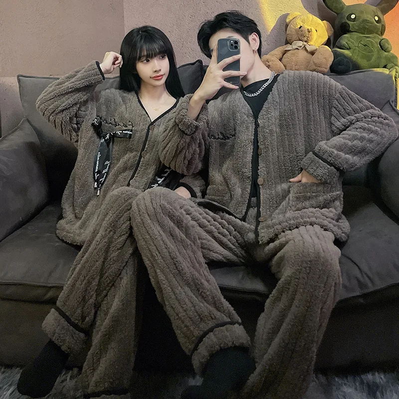 2022 Winter New Couple Home Clothes Women's Flannel Long-Sleeved Trousers Sleeping Wear Plus Velvet Thick Coral Fleece Pajamas