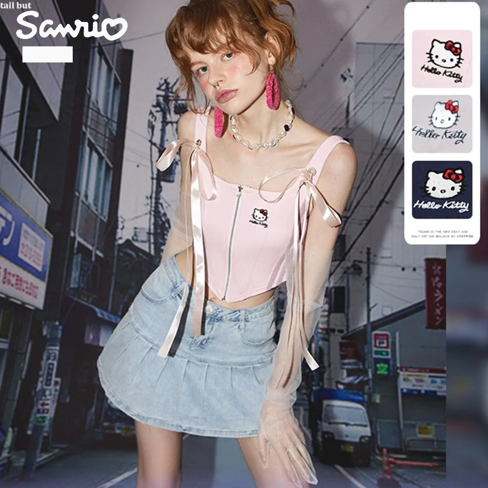 

Hello Kitty Camisole Sexy Campus Girls Summer Hottie Knitted Short Top Sling Clothes Vest Cotton Cool American Street Style Gift