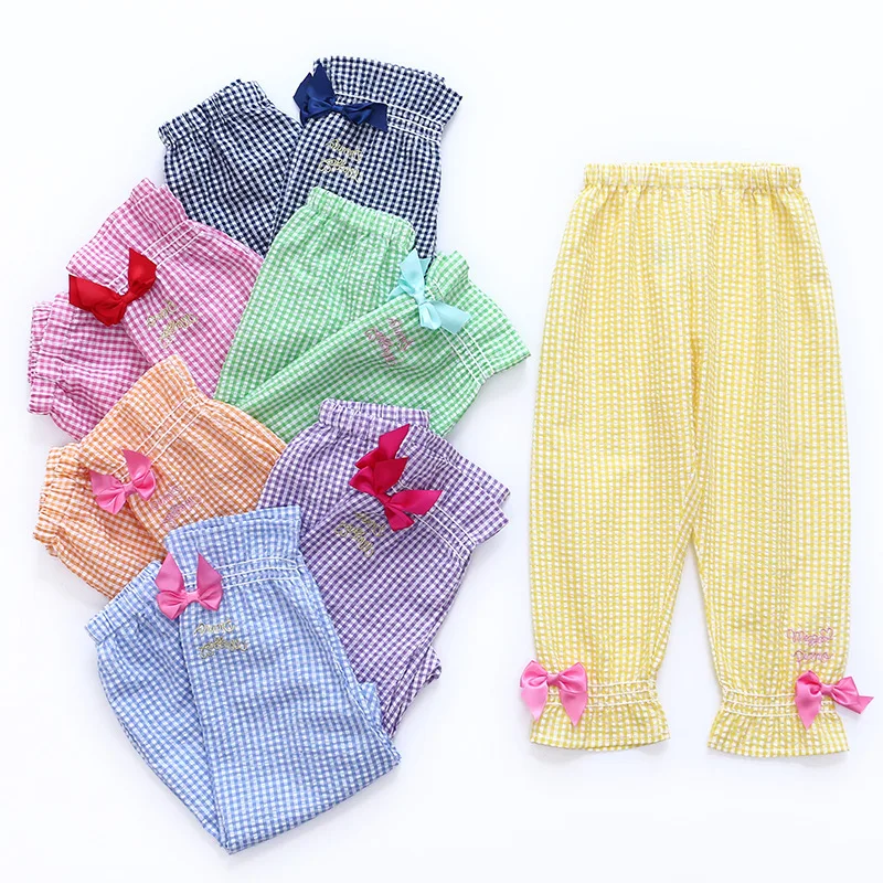 

Girls Pants Children's Anti-mosquito Cotton Summer Bloomers Loose Cool Breathable Bow Plaid Anti-Mosquito Trousers Baby