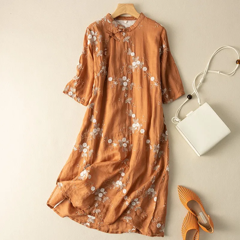 

YCMYUNYAN 2023 New Cotton Linen Dress O-neck Summer A-LINE Loose Empire Embroidery Clothing Chinese Style Women's Dresses