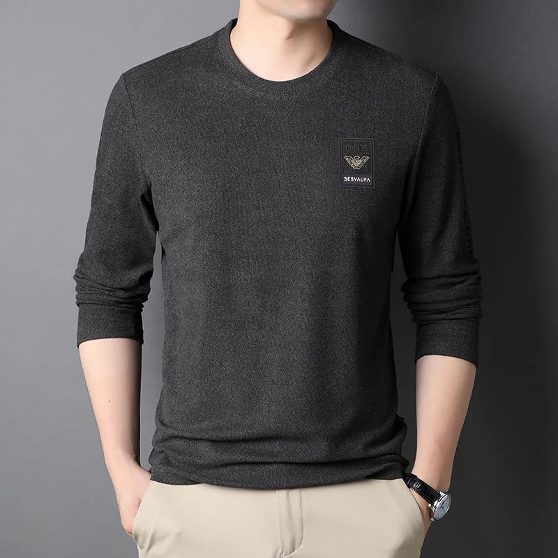 

O Neck Business Printing Tops Men T-shirt Soft Slim Fit Fashion Top Grade Long Sleeve Classic Korean Casual Spring Autumn
