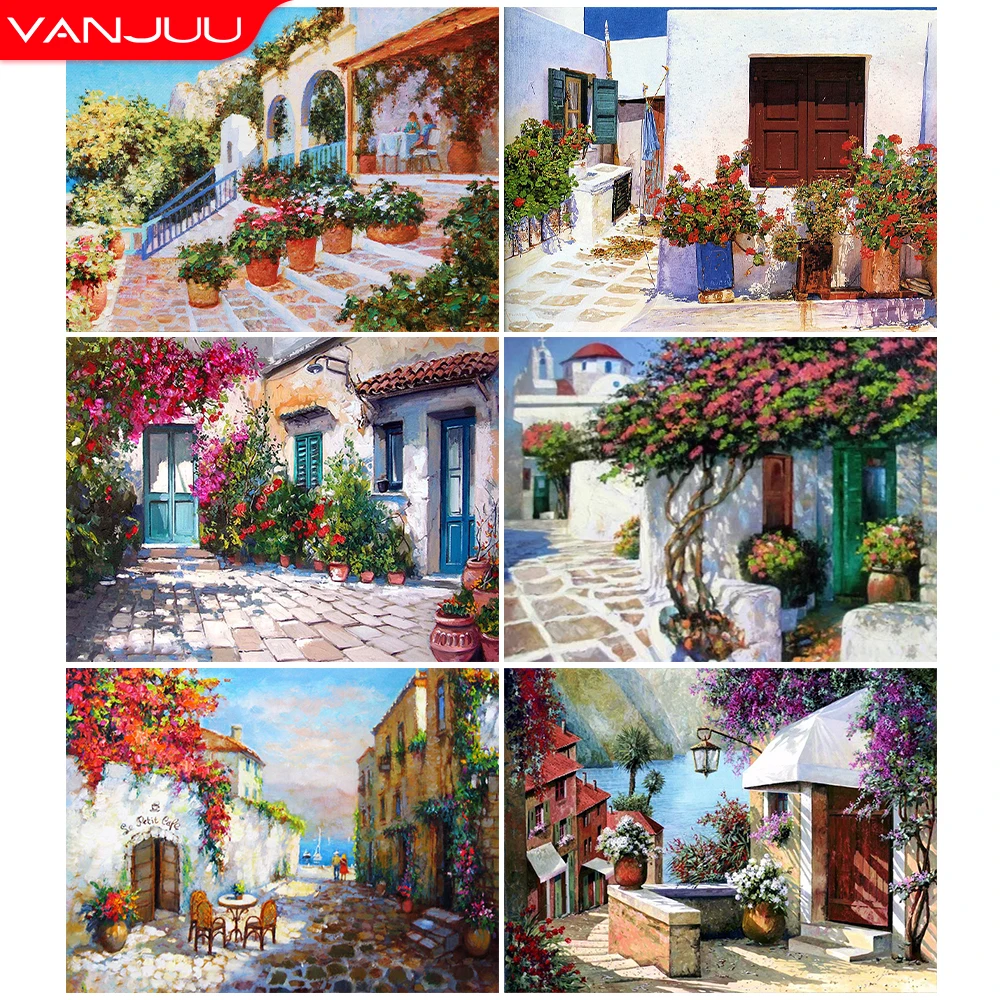 

5d Diy Diamond Painting House Landscape Full Circle Diamond Embroidery Flower Canvas Villa Cross Stitch Kit Home Decoration