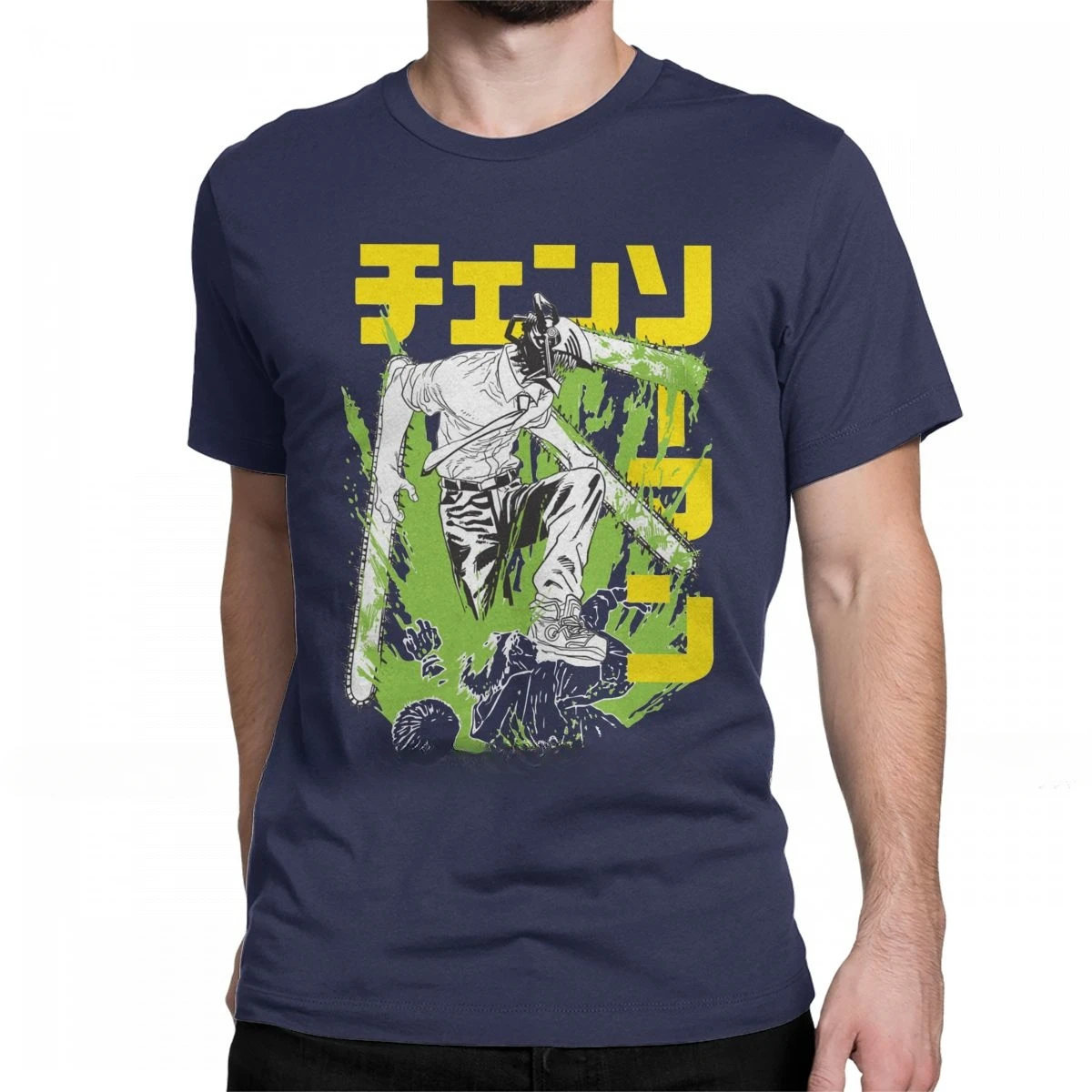 Тяжелая неформальная Мужская футболка Denji с Бензопилой 100% хлопок крутая круглым