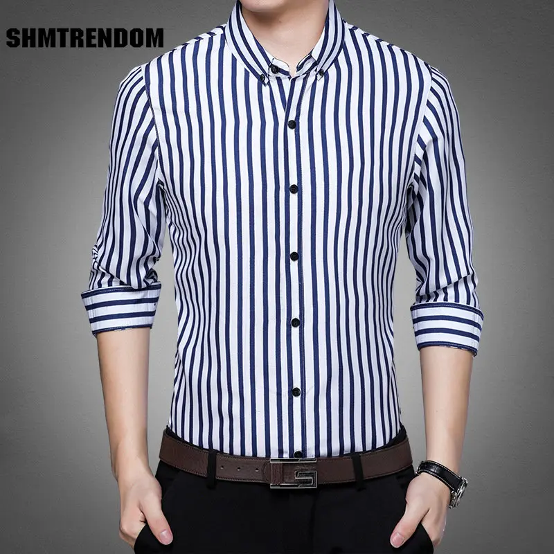 

Colorblock Vertical Stripe Fashion Casual Long Sleeve Men Shirt Autumn New Quality Polyester Smooth Comfortable Camisa Masculina