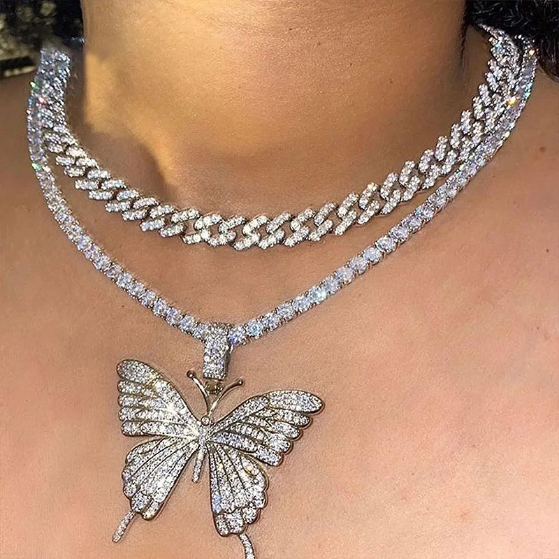 

Double Layer Big Butterfly Necklace Personality Exaggerated Full Diamond Thick Chain Necklace To Attend The Banquet Accessories