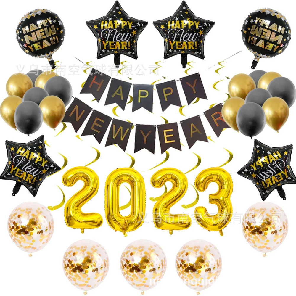 

2023 Happy New Year Decorations Foil Balloons Merry Christmas Decoration Party Flag pulling banner spiral decoration balloon Set
