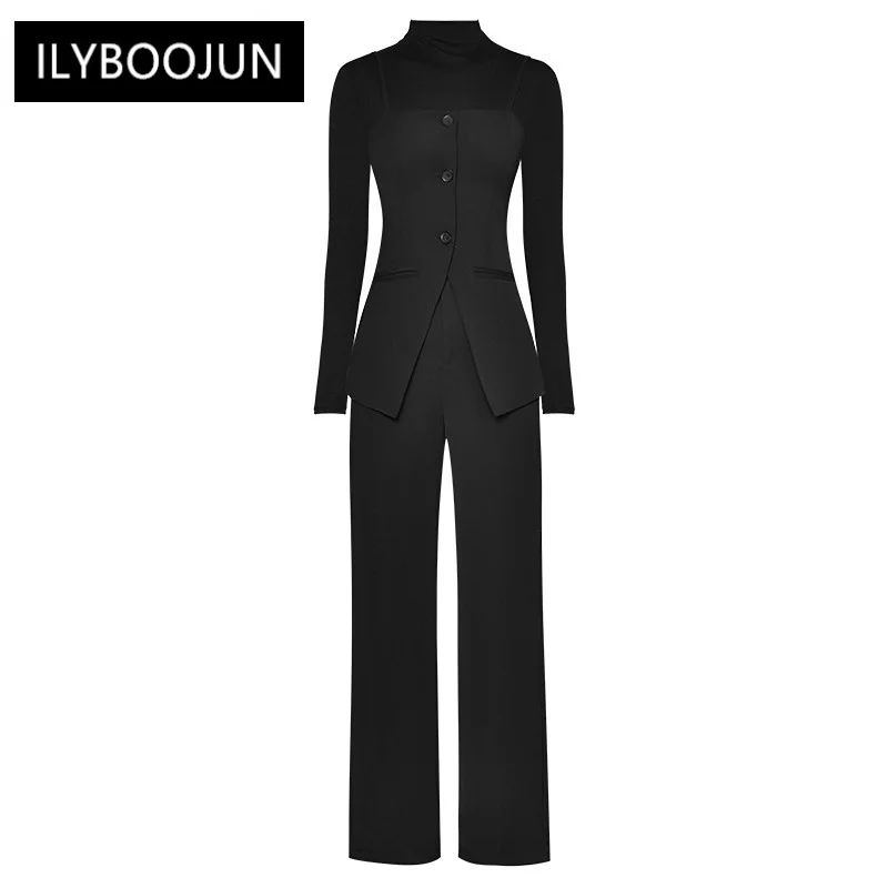 

2023 Runway Luxury Design Spring Suits Women's Long Sleeve Stretch Base Coat Small Waistcoat+Bell Bottoms Black Three-piece Set