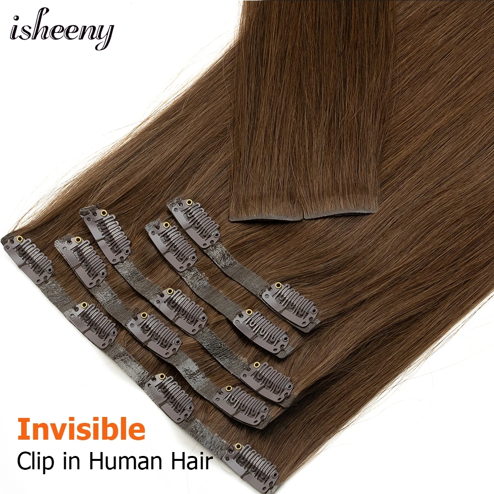 Brown Human Hair Clip ins Extensions Seamless Invisivle 100-120g Natural Straight Pieces 7pcs/set PU Skin Weft