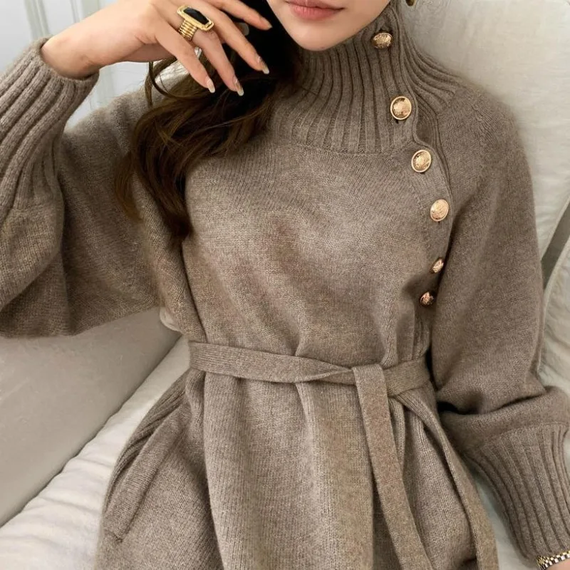 Вязаное платье с высоким воротником женский роскошный стиль длинный свитер