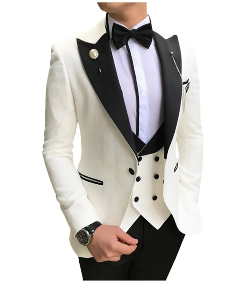 

Tailor Made Men Suits White and Black Groom Tuxedos Peak Lapel Groomsmen Wedding Bridegroom Jacket Pants Vest Vestido De Novio