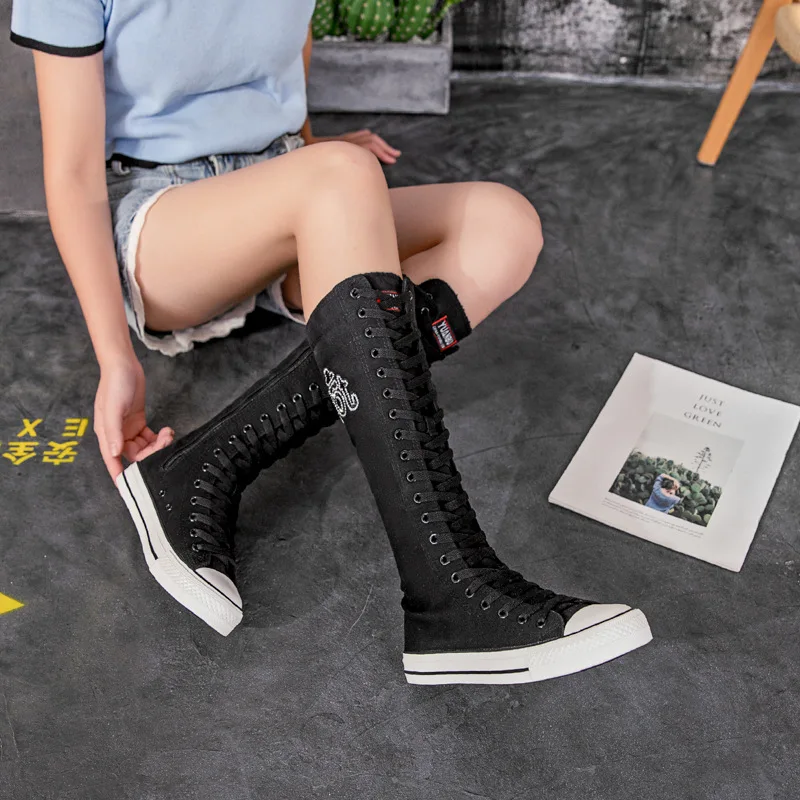 

Handmade custom DIY hot drill canvas shoes long tube women's shoes lace up side zipper women's shoes 35-43