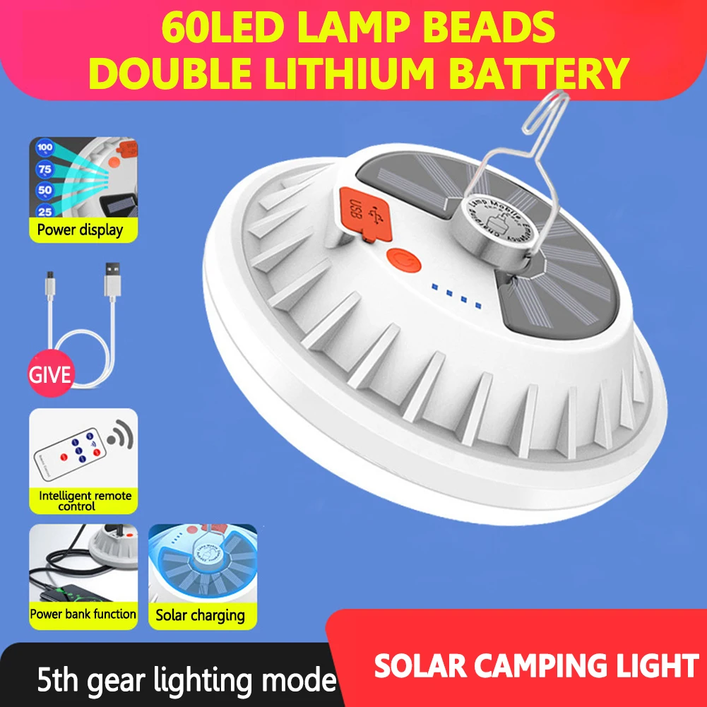 

Outdoor Hiking LED Solar Light 600LM 5 Mode Tent Lamp Remote Control Rechargeable Bulb Portable Night Emergency Camping Lantern