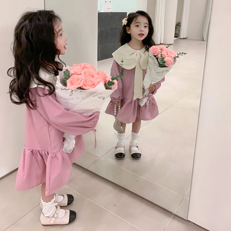 

Платья для девочек 3-8 лет, весна-осень, детские платья для девочек с кукольным воротником и бантом, платья с длинными рукавами, детское платье