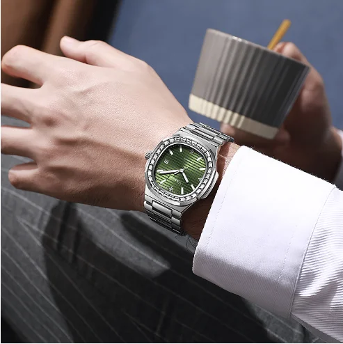 Мужские полностью автоматические механические часы с ремешком из нержавеющей