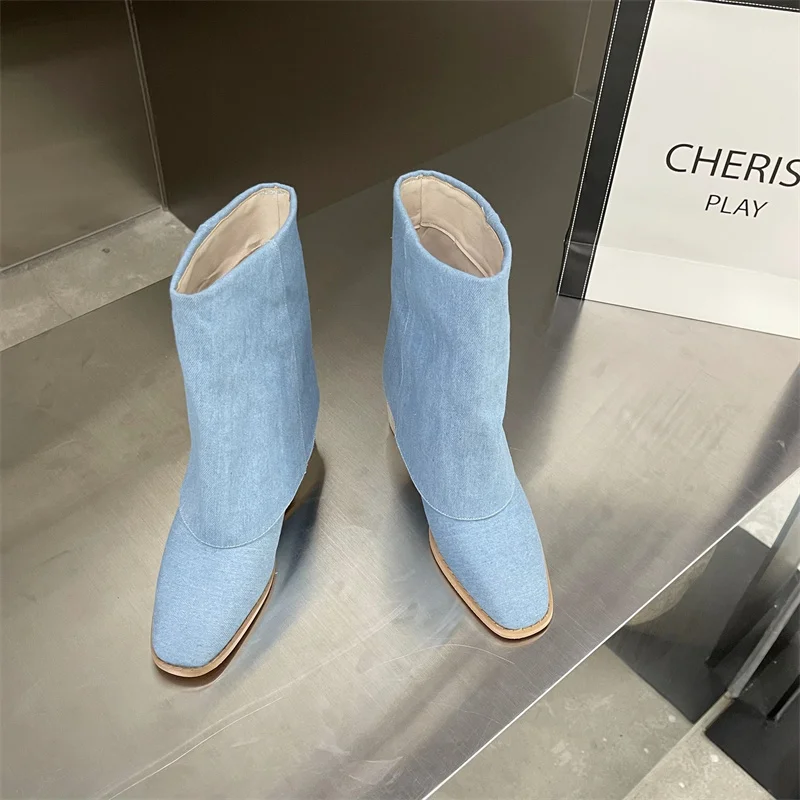 

2022 Fashion Denim Western Boots Autumn Women Boots Wedges High Heel Ankle Boots Slip On Winter Plush Woman Shoes Big Size