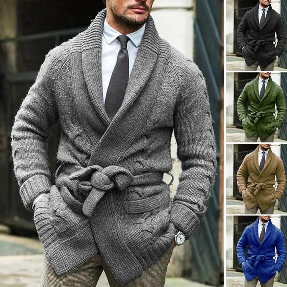 

Chic Cardigan Sweater Skin-Touch Knitted Coat Ribbed Cuffs Winter Waist Belt Solid Sweater Cardigan Knitwear Cold Resistant