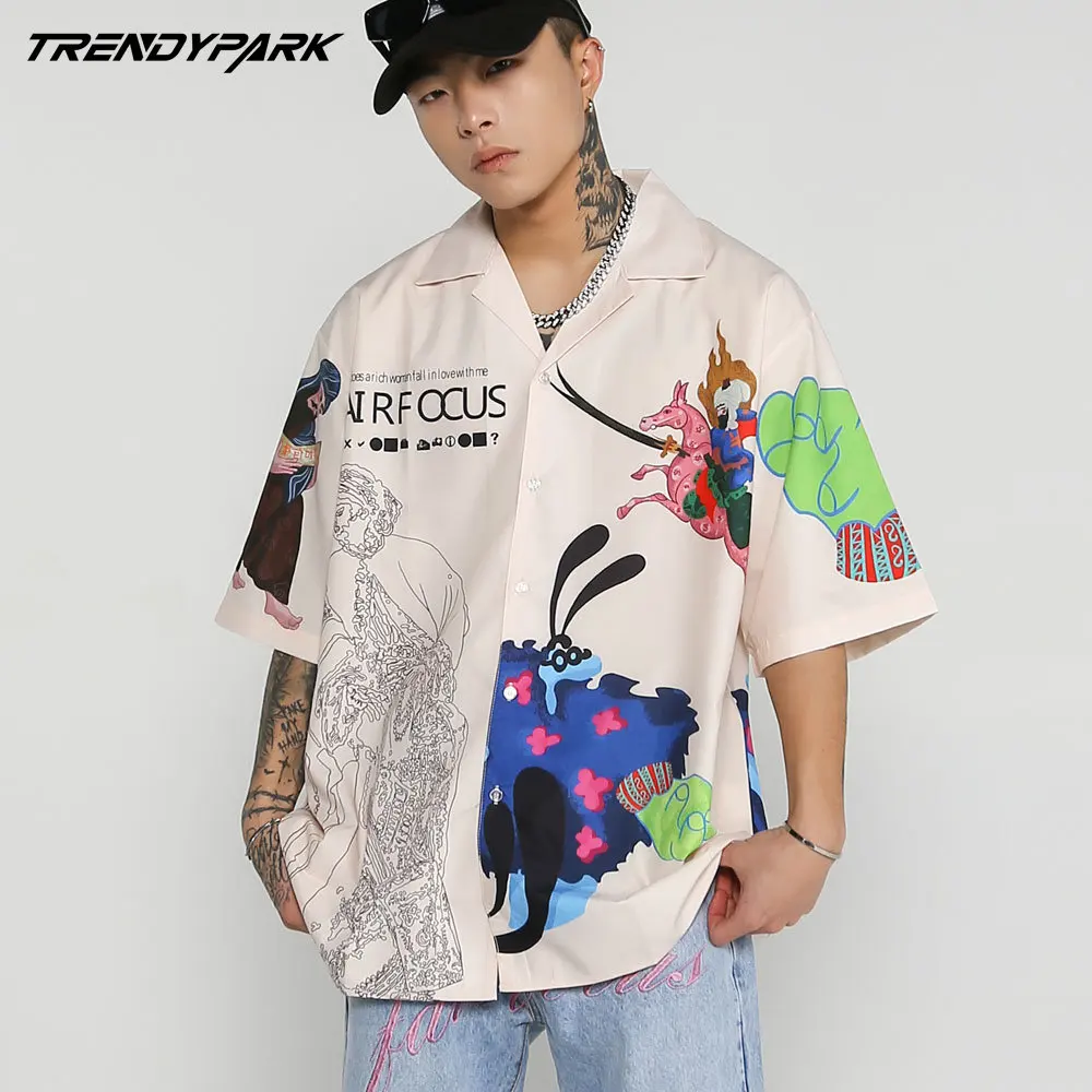 Shirts for Men Funny Cartoon Print Oversized Shirt 2022 Cotton Casual Streetwear Summer Short Sleeve Blouses Oversized Shirt
