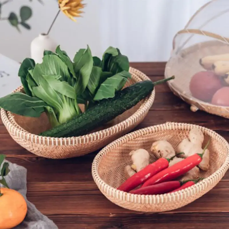 

Hand-Woven Food Basket Tray Bamboo Vegetable Fruit Storage Basket Bread Mosquito Net Cover Home Picnic Kitchen Accessories