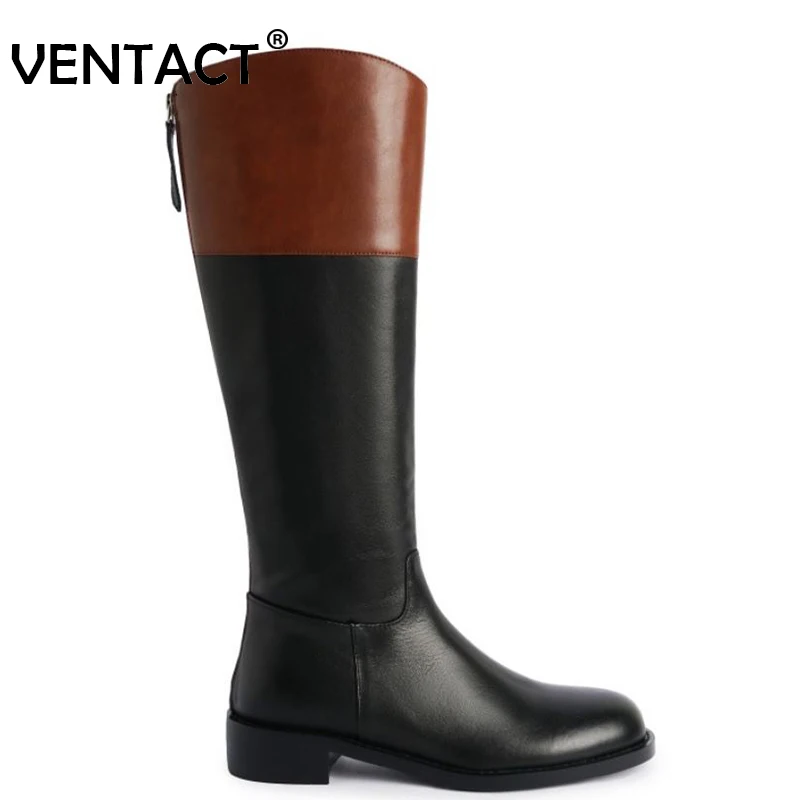 

VENTACT Size 33-40 Women New Real Leather Knee High Boots Low Heels Mixed Color Winter Long Boot Ins Style Ladies Footwear