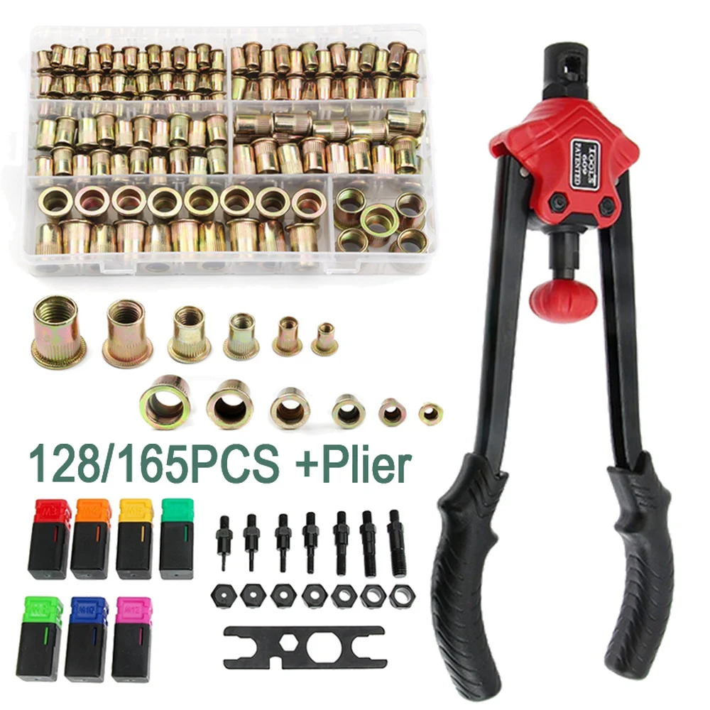 

165/128PCS Rivet Nut with 1Set BT-609 Rivet Gun Kit 4PCS Threaded Mandrel Riveting Heads M3 M4 M5 M6 Riveter